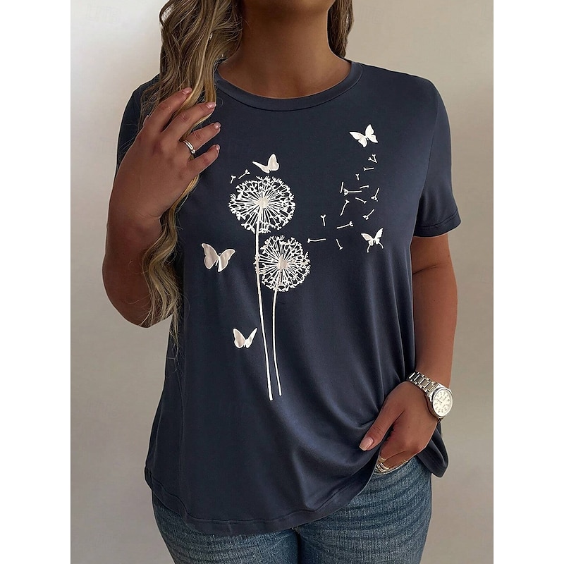 Women's Plus Size Tops T Shirt Floral Striped Print Short Sleeve Crew Neck Casual Daily Polyester Summer White Light Green4