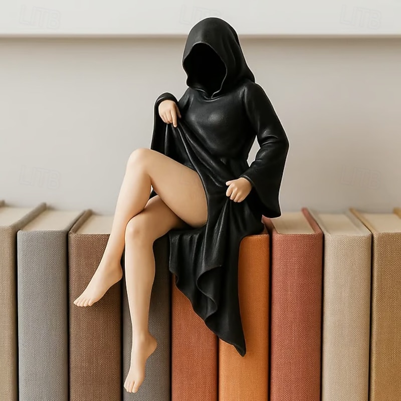 Mysterious Statue Hooded Gothic Shelf Decor,Resin Creepy Cute Woman Figurine Bookend, Dark Aesthetic Sculpture for Home, Office, Bookshelf, Halloween or Year-Round Display