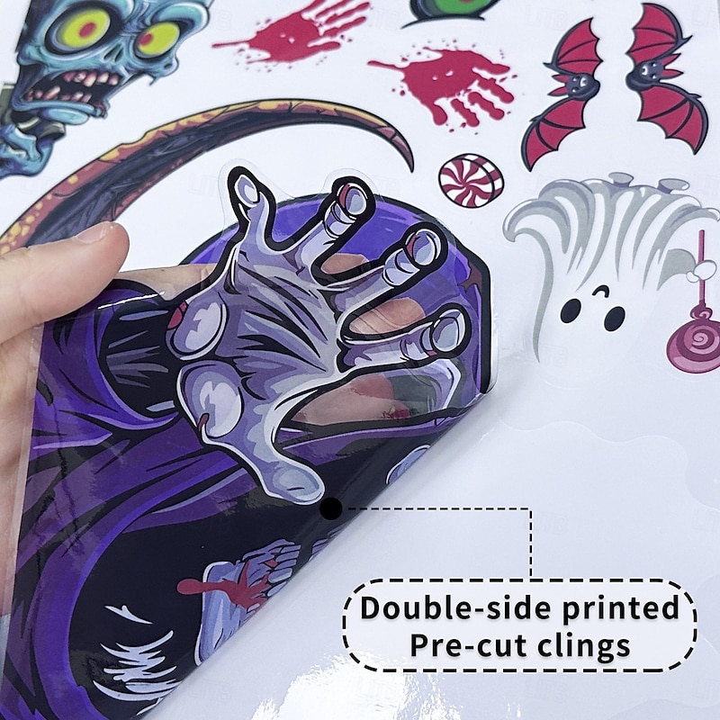 4 Sheets Halloween Window Cling Sticker Decals Decorations Double Side, Skull Pumpkin Witch Ghost Bat Grim Reaper Happy Halloween Static Stickers for Glass Decor2