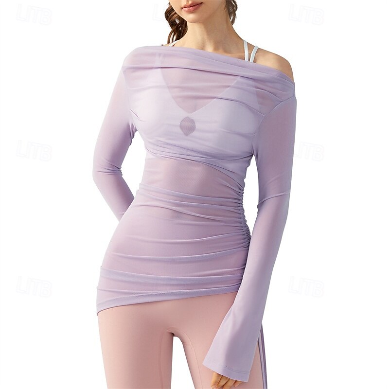 Women's Sports shirts Flat Neckline Stretchy Breathable Mesh Long Sleeve Sports Solid Color Top For Pilates Yoga Activewear