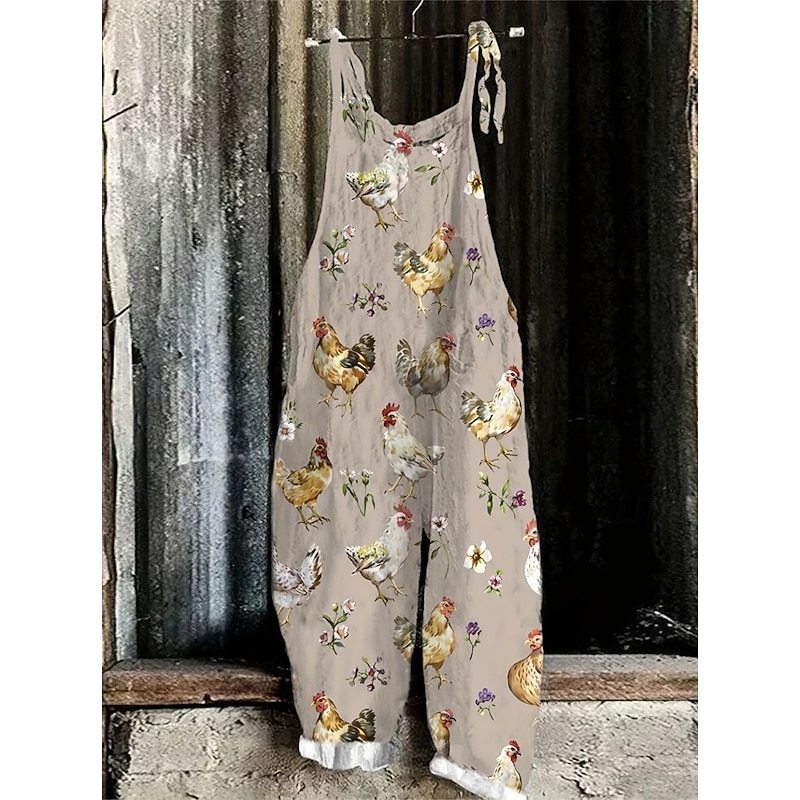 Women's Overalls Vacation Vintage Ethnic Style Full Length High Waist Animal Drawstring Inelastic Formal Vacation Street Robin's Egg Blue Sage Khaki Summer Spring Fall Loose Fit
