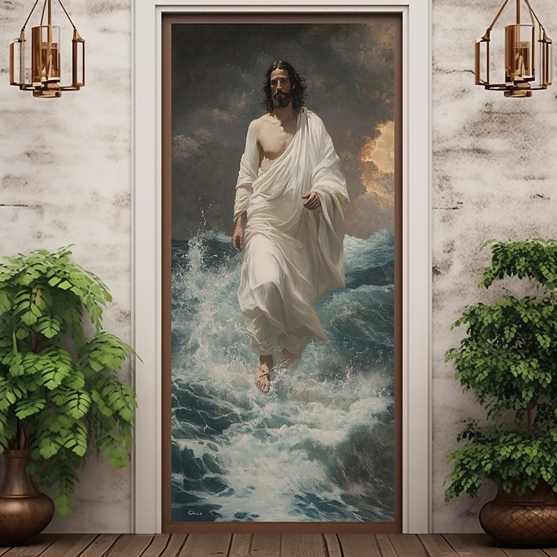 Jesus Door Decorations Door Covers Jesus Walk on Water Faith Nativity Door Tapestry Door Curtain Decoration Backdrop Indoor/Outdoor Door Banner for Front Door Office Door