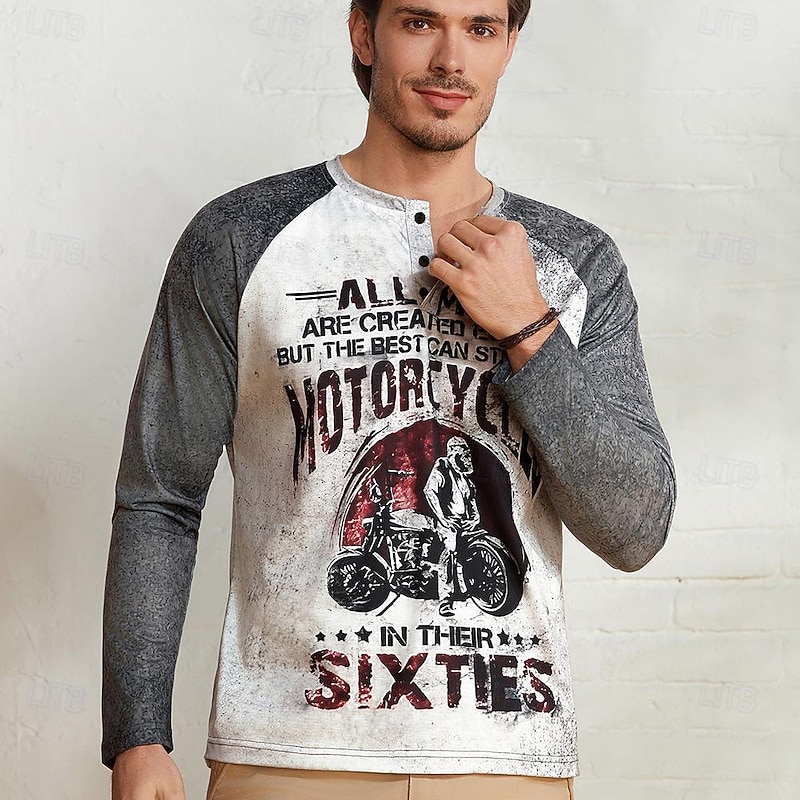 T shirt Tee Henley Shirt Graphic Prints Motorcycle Henley Clothing Apparel Outdoor Casual Long Sleeve Button-Down Print Stylish Lightweight Vintage Sixties Grey And White3