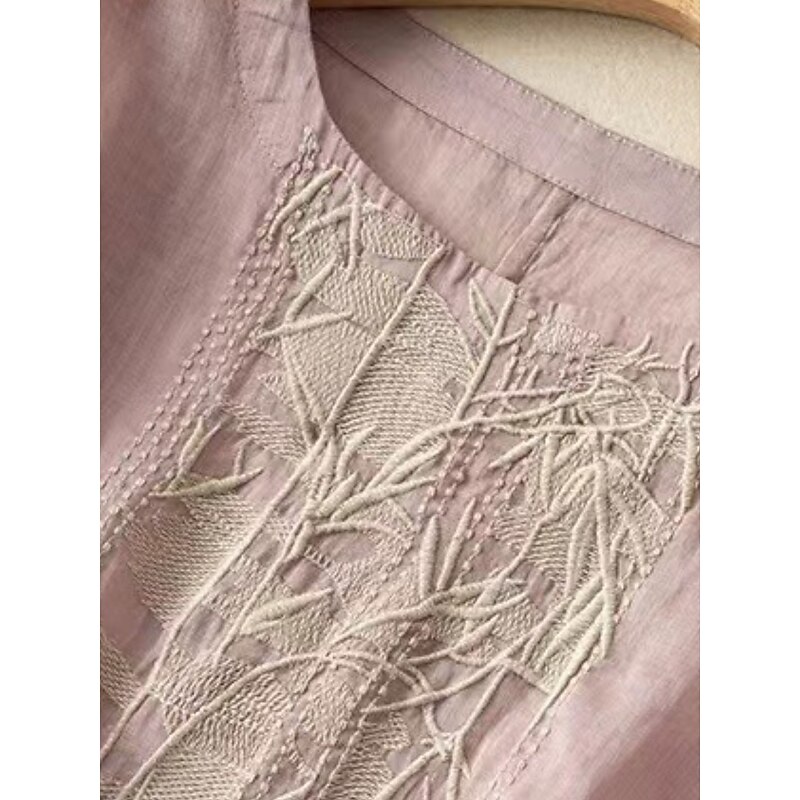 Women's Cotton Linen Shirts Solid Color Elegant Stylish Basic Short Sleeve Crew Neck Regular Tops Daily Embroidered Pink Purple Apricot Summer Spring2