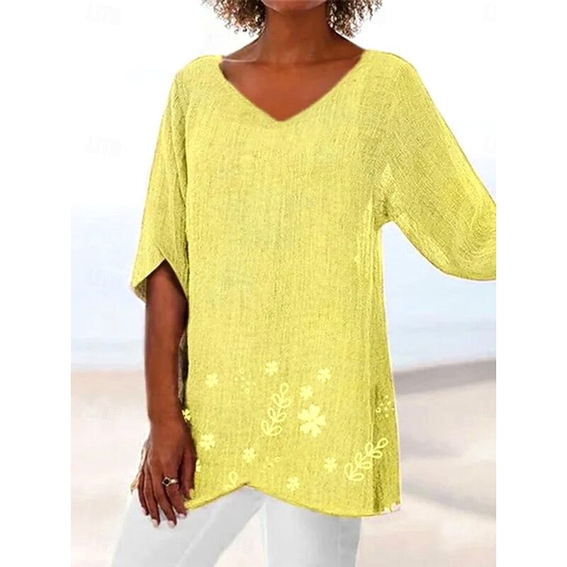 Women's Blouse Long Sleeve Asymmetrical Hem Floral Graphic Leaf Hawaiian Stylish Casual 3/4 Length Sleeve V Neck Regular Tops Daily Holiday Going out Print Asymmetric Hem Yellow Light Purple Fuchsia3