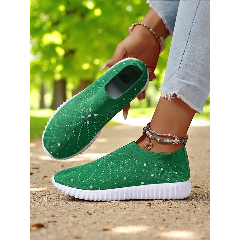 Women's Red Flyknit Slip-On Walking Shoes – Lightweight Breathable Sneakers for Outdoor Strolls, Travel and Garden Work