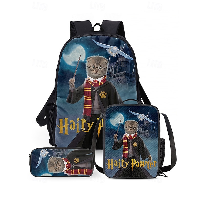 Kids' 3-Piece Wizard Cat Backpack Set – Fantasy Cat Print School Backpack, Insulated Lunch Bag, and Pencil Case for Boys and Girls, Ideal for School, Travel and Gift Giving Vincent Hie
