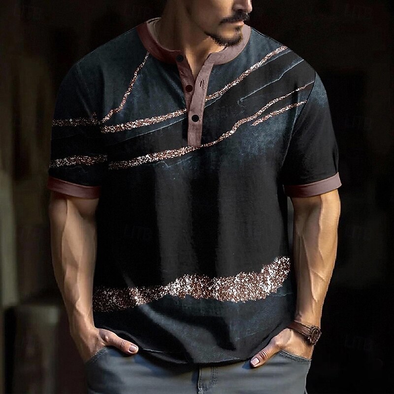 Men's Marble pattern T Shirt Henley Shirt Short Sleeve Designer Retro Vintage Casual Street Casual Daily Summer Spring Black Henley Henley T-Shirt