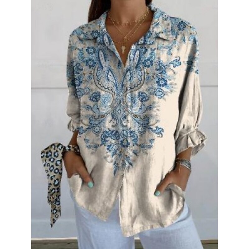 Women's Blouse Floral Retro Vintage Ethnic Long Sleeve Shirt Collar Regular Tops Daily Holiday Buttons Print Blue Khaki Summer