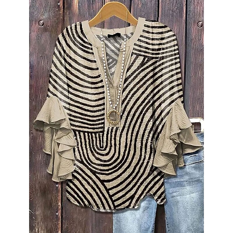 Women's Blouse V Neck Graphic Striped Daily Stylish Casual 3/4 Length Sleeve Regular Tops Daily Holiday Vacation Wear Print Blue Purple Green Khaki Summer Spring