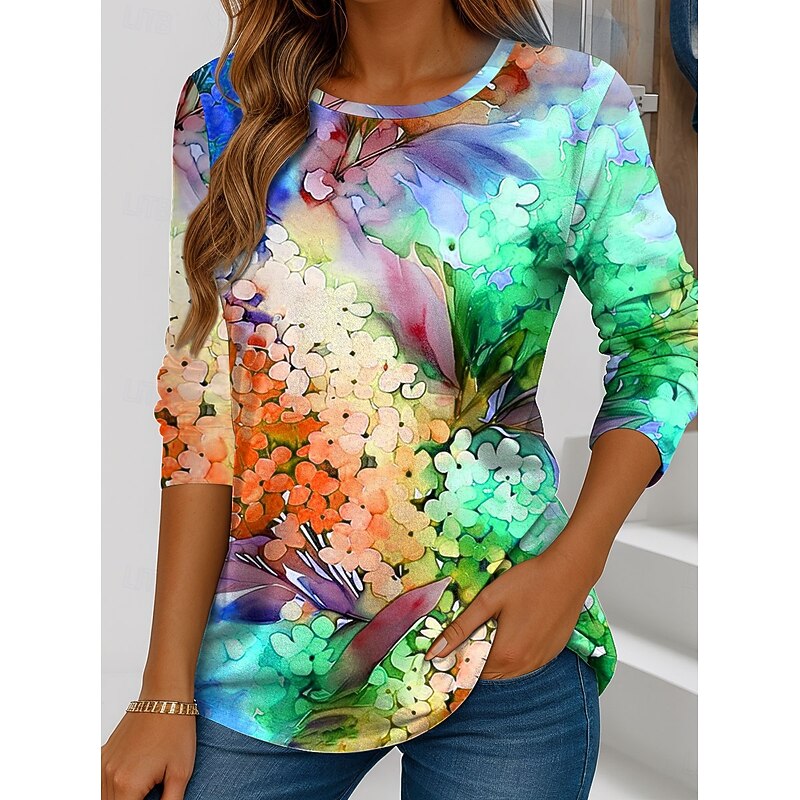 Women's T shirt Crew Neck Long Sleeve Tunic Floral Graphic Vintage Stylish Classic  Regular Tops Daily Weekend Print Pink Purple Green Spring Fall3
