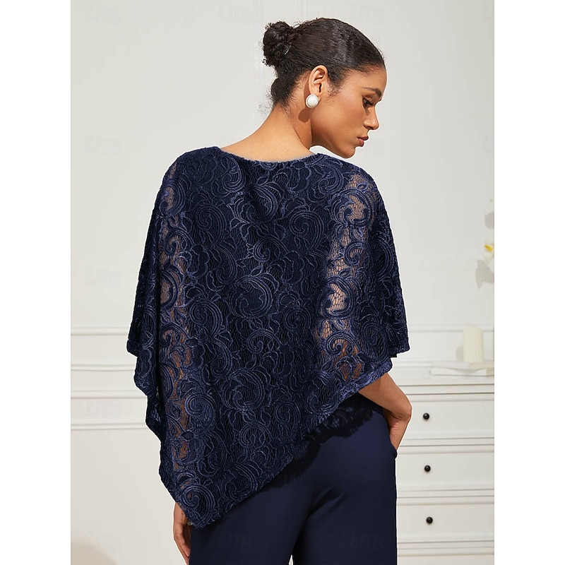 Women's Blouse Dressy Tops Plain Elegant Half Sleeve Crew Neck Regular Tops Wedding Guest Daily Lace Patchwork Layered Navy Blue Summer Spring2
