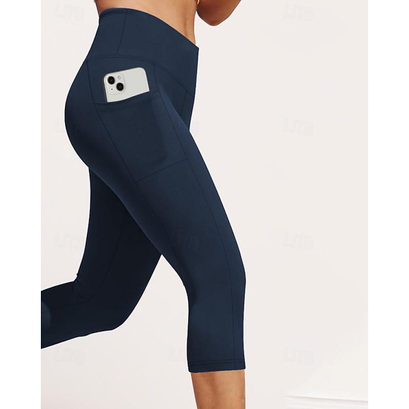 Women's Capri Pants Slacks Leggings Streetwear Casual Calf-Length Natural Plain Pocket Elastic Waist Comfy Outdoor Comfortable Outdoor Sports & Outdoor Athleisure Dark-Gray Wine Navy Light Sky Blue4