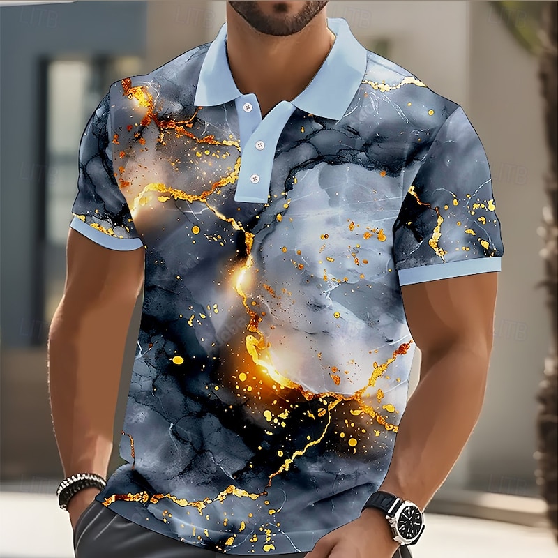 Men's Abstract Polo Short Sleeve Polo Shirts Lapel Casual Street Athleisure Buttons 3D Print Summer Blue