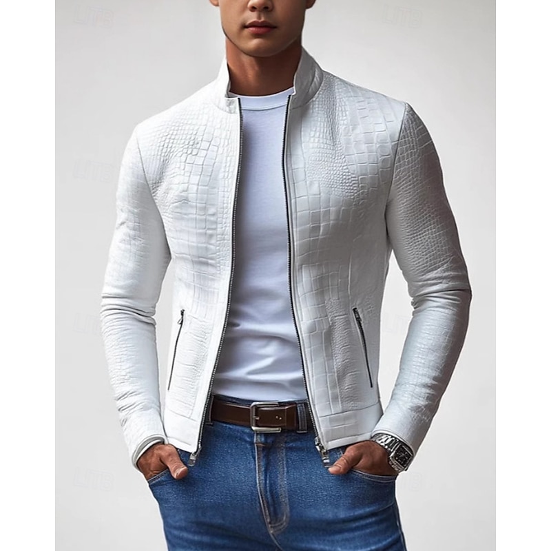 Men's Lightweight Jacket Casual Jacket Vacation Daily Wearproof Pocket Spring Fall Plain Fashion Classic Stand Collar Regular White Jacket