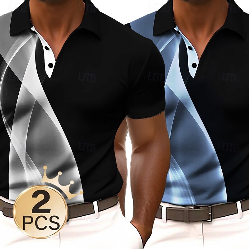 Men's 2Pcs  Geometic Line Polo Short Sleeve Polo Shirts Lapel Business Casual Business Athleisure 3D Print Buttons Summer3