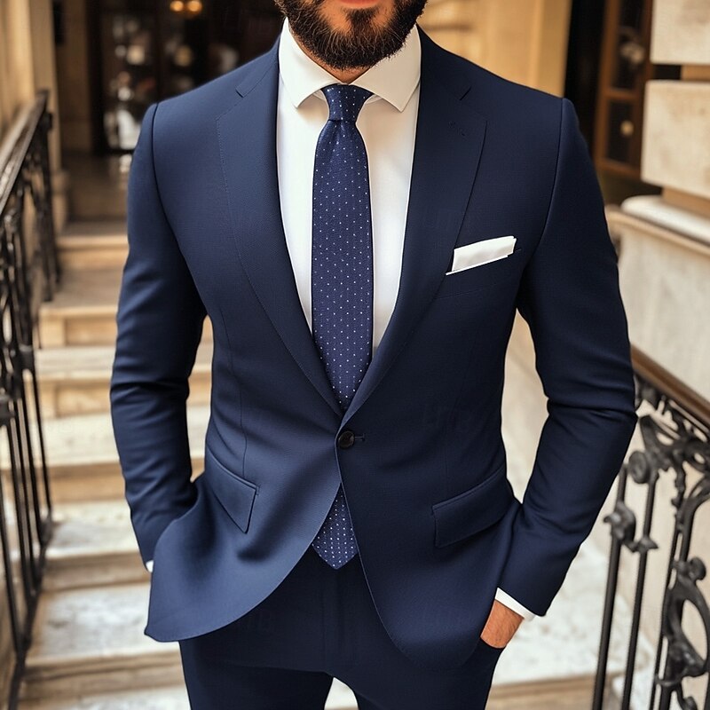 Men's Business Suits Navy Blue Formal WorkWear Solid Colored Standard Fit 2 Piece Single Breasted One-button - Main Image