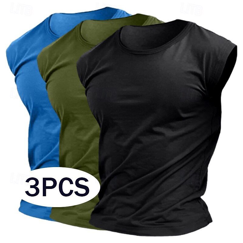 3-Piece Men's T Shirt Moisture Wicking Shirts Sleeveless Short Sleeve Crew Neck Summer Plain Sports Fashion Lightweight Vacation Casual Holiday Top Tee for Men