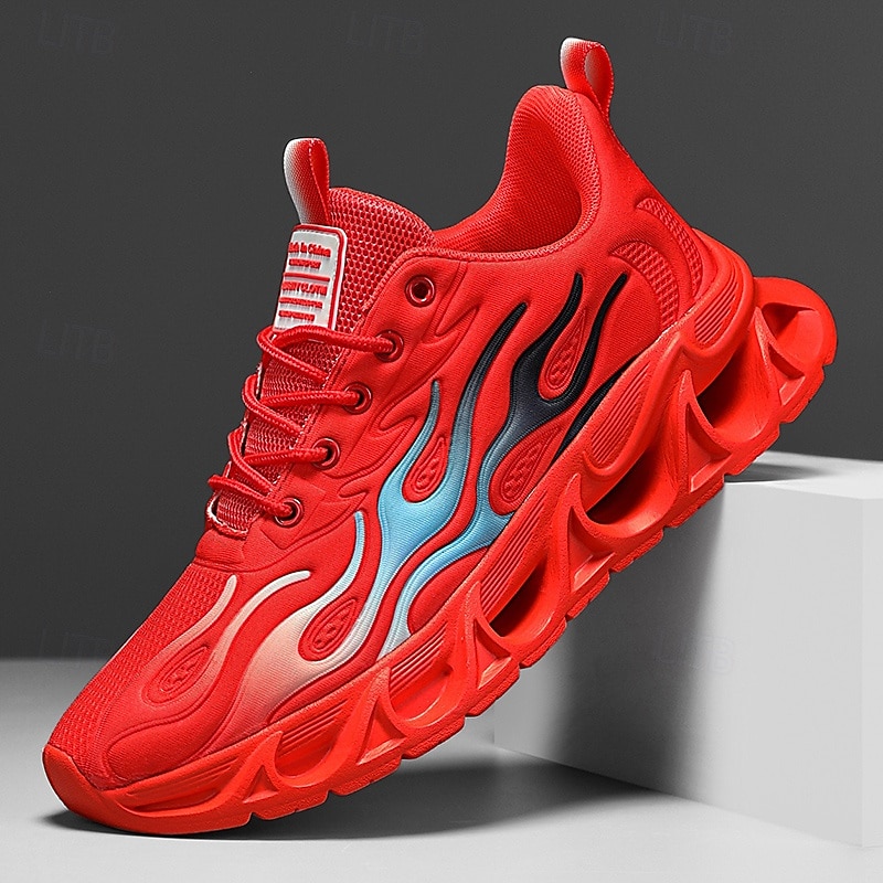Men's Red Running Shoes with Flame Detailing, High-Performance Mesh Upper and Shock-Absorbing Sole, Perfect for Workouts, Sports Events and Active Lifestyles