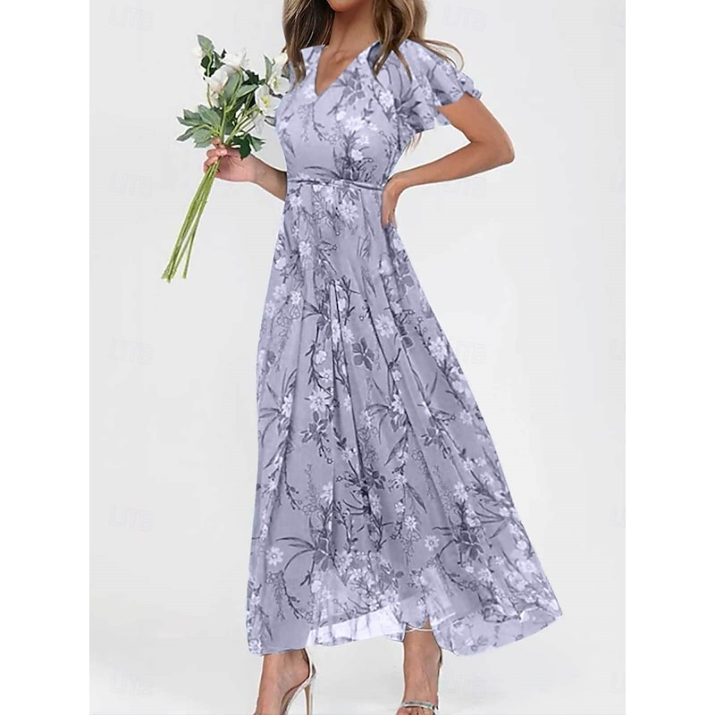 Women's Maxi Dress A Line Dress Vacation Casual Boho Outdoor Going out Regular Fit Floral Short Sleeve V Neck Purple Fuchsia Orange Gray Summer