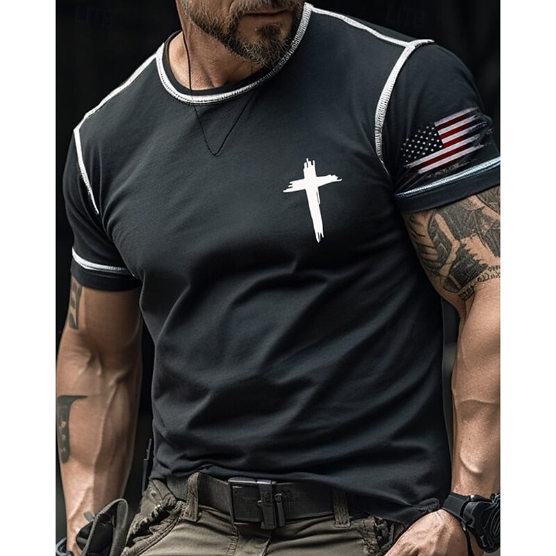 Men's T Shirt Tee Short Sleeve Shirt Tee Top Short Sleeve Crew Neck Summer American US Flag Cross Fashion Designer Basic Print Vacation Street Going out Black Red Orange Top Tee for Men2