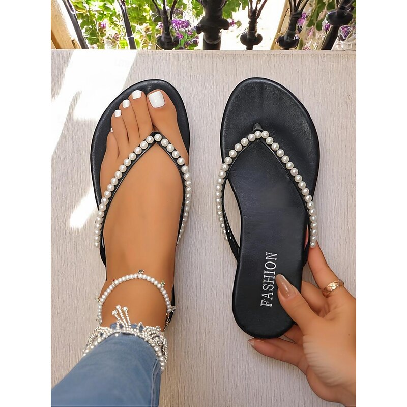 Women's Pearl Embellished Flip Flop Sandals - Casual Chic Thong Flats for Daily Outings and Summer Dates2