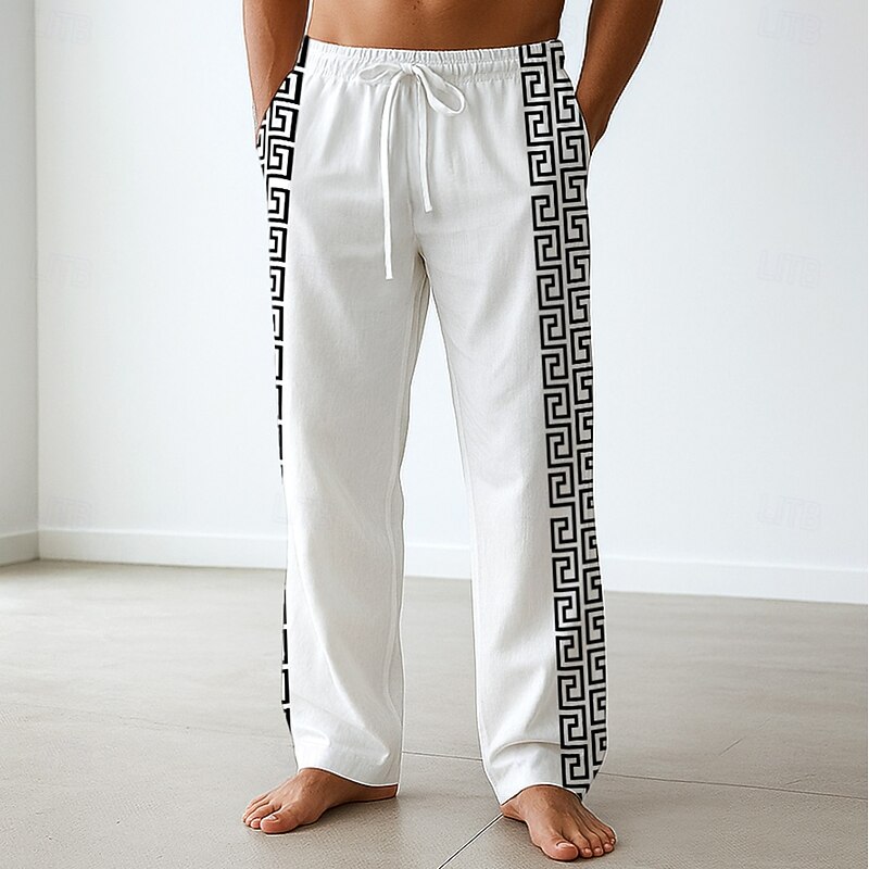 Men's Greek Key Meander Trousers Baggy Pants Casual Pants Mid Waist Ethnic Style Outdoor Vacation Drawstring Side Pockets Elastic Waist Summer Spring 3D Print White Blue Green