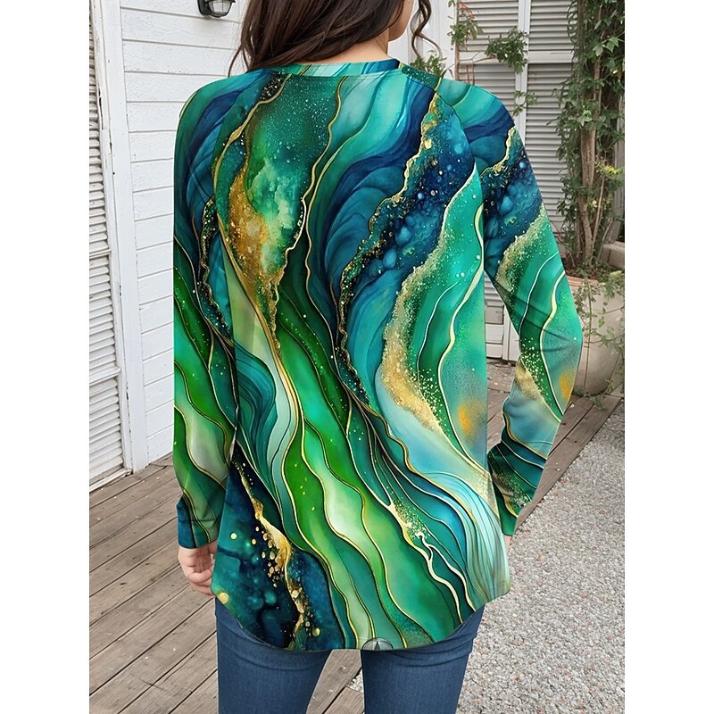 Women's T Shirt Graphic Geometric Abstract Vintage Casual Long Sleeve Crew Neck Long Tops Daily Weekend Print Red Blue Purple Green Summer Spring Fall2