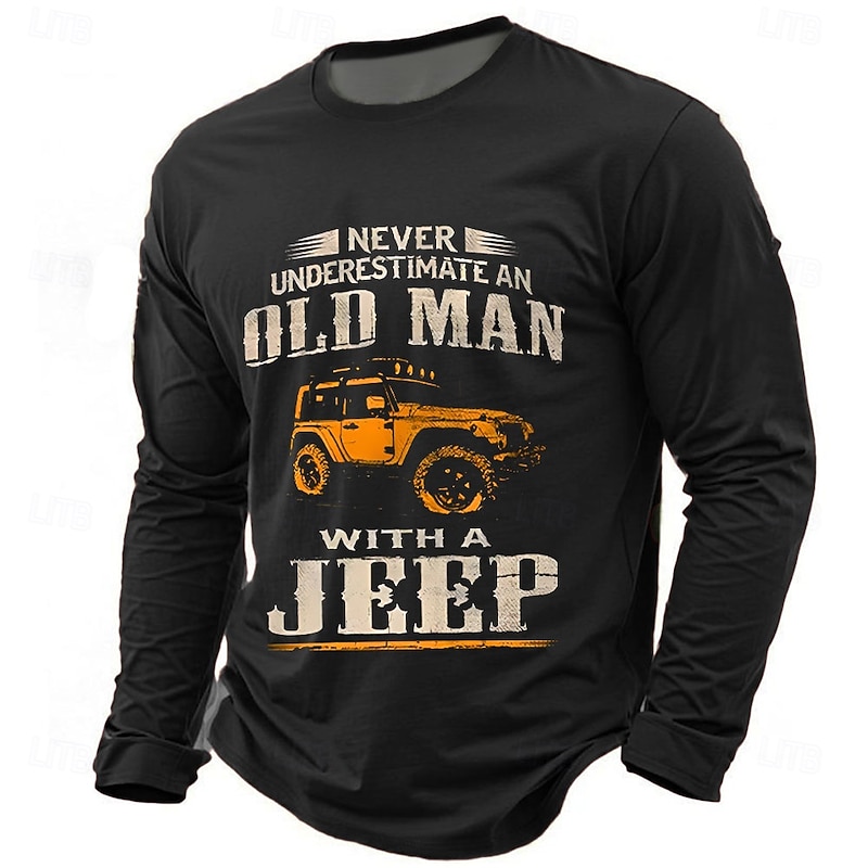 Men's Long Sleeve Graphic T-Shirt: 'Never Underestimate an Old Man with a Jeep' - Off-Road & Adventure Lifestyle Tee