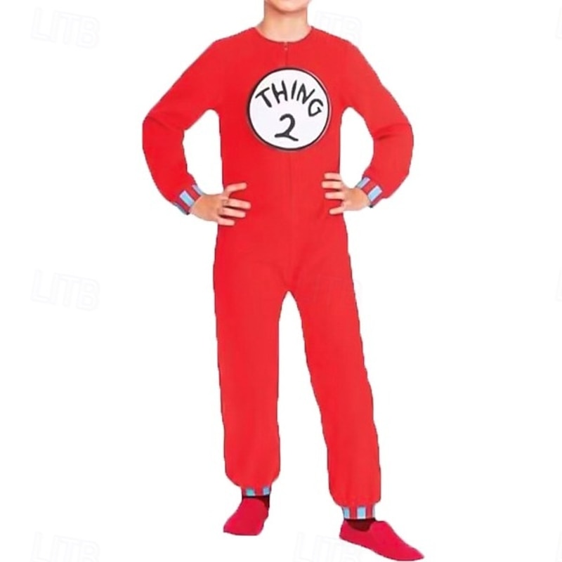The Cat in the Hat Thing 1 Thing 2 Group Costume Jumpsuit Onesie Costume Storybook Characters Movie Cosplay for Boys Girls' Kid's Halloween Carnival World Book Day Performance Educational Dress Up3