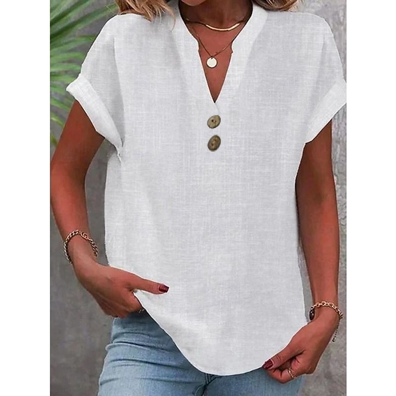 Women's Shirt Blouse Cotton Linen Shirts Solid Color Basic Casual Short Sleeve V Neck Regular Tops Work Daily Buttons White Summer