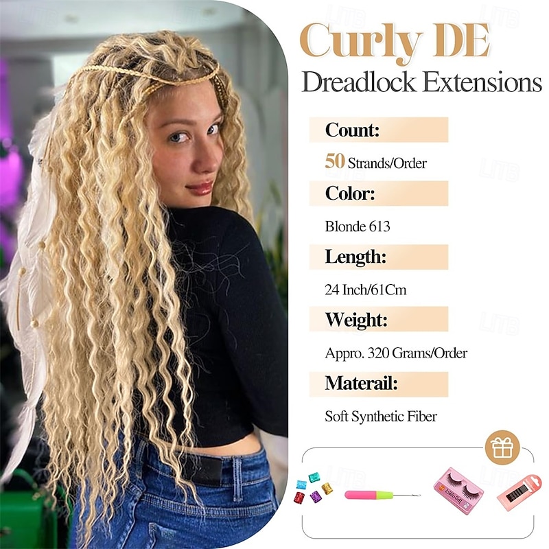 Full Set Double Ended Platinum Blonde Curly Dreads Extension for Women DE Blonde Wavy Dreadlock Handmade Synthetic Soft Dreadlock Crochet Hair (50 Strands Curly Dreads4