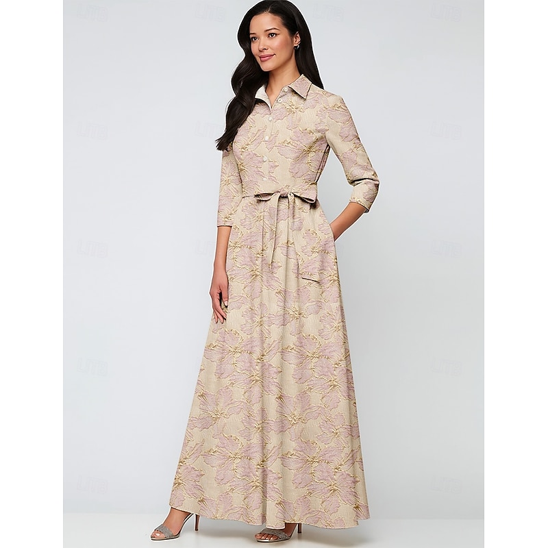 Jacquard Brocade Mother of the Bride A-Line Evening Gown Elegant Dress Formal Wedding Floor Length Long Sleeve Shirt Collar Nylon with Bow(s) Pocket4