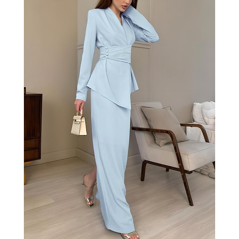 2 Pieces Tuxedo Dress Sets Sheath Formal Satin Elegant Simple Long Sleeve Floor Length V Neck4