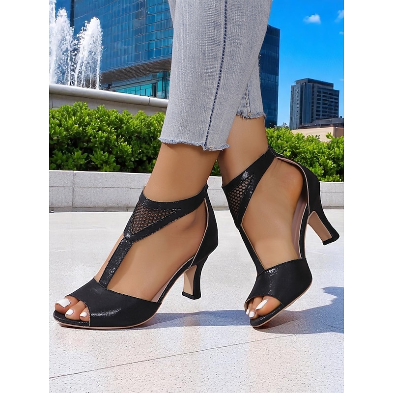 Women's Black Peep Toe Mesh High Heel Sandals with Cutout Design - Stylish Breathable Heels for Casual Dates and Summer Outings3