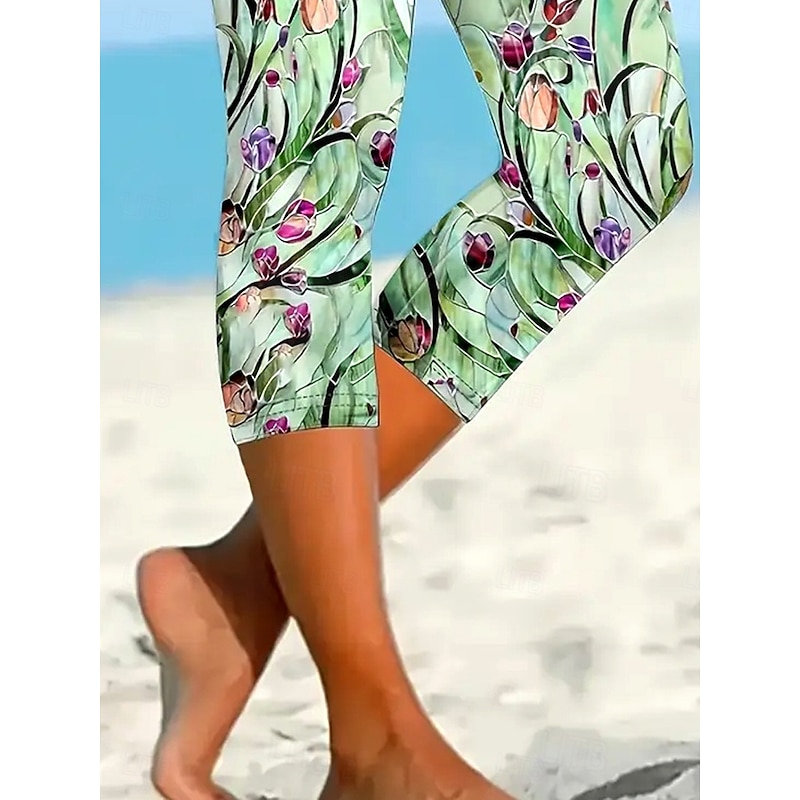 Women's Leggings Capri Pants High Elasticity Fashion Streetwear Calf-Length High Waist Floral Graphic Printing Breathable Soft  Outdoor Daily Green Summer Spring Regular Fit3