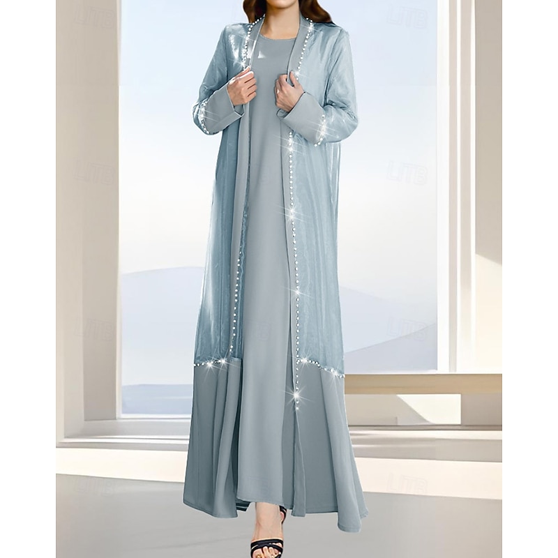 Two Piece A-Line Mother of the Bride Dress Formal Elegant Simple Luxurious Boat Neck Floor Length Satin Organza Long Sleeve with Crystals