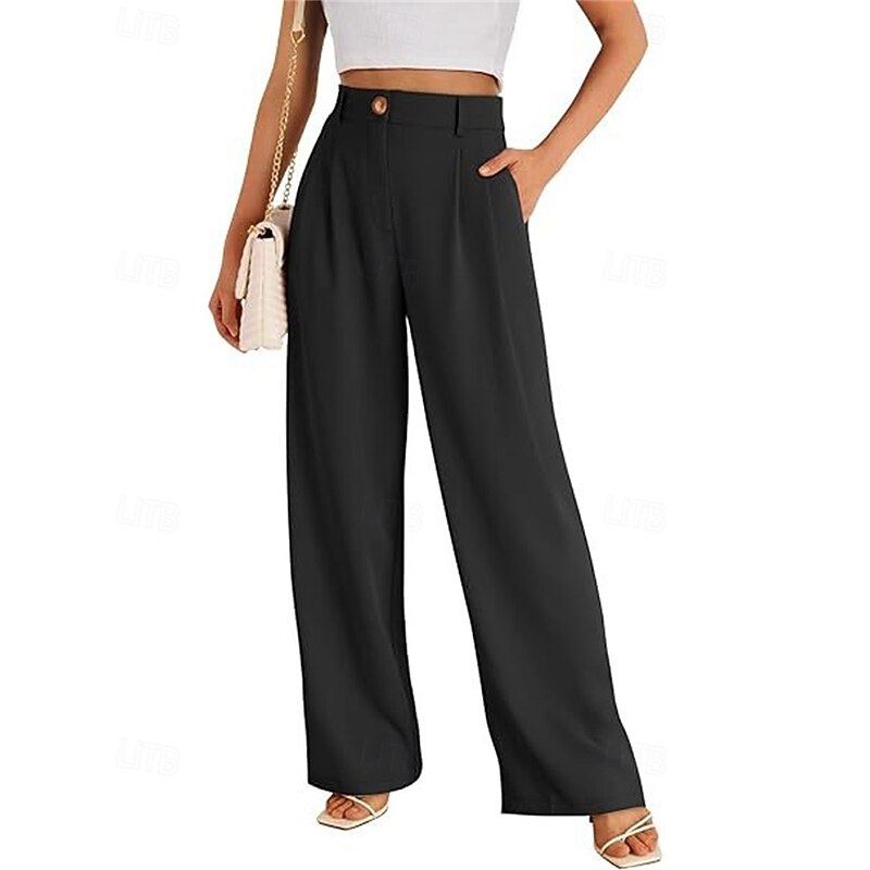 Women's Wide Leg Pants Trousers Streetwear Casual Full Length High Waist Solid Color Pocket Breathability Soft Micro-elastic Vacation Street Daily Wear Black Red Brown Khaki Spring Fall Regular Fit3