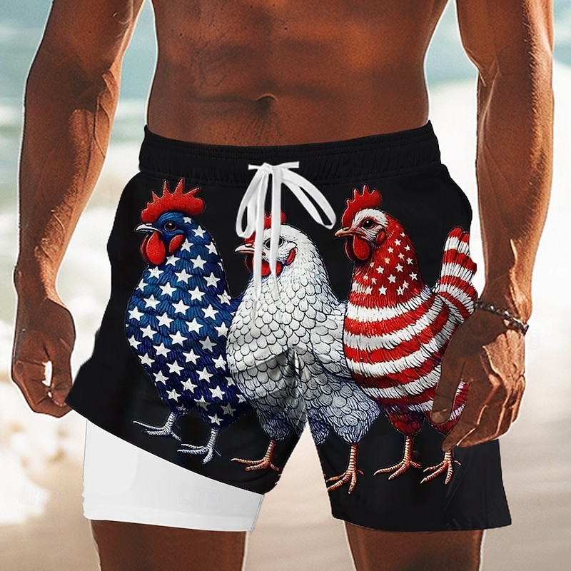 Independence Day Men's Rooster US Flag Patriotic Lined Shorts 2 in 1 Board Shorts Swim Trunks Mid Waist Holiday Side Pockets With Compression Liner Elastic Drawstring Waist Designer Clothing Apparel