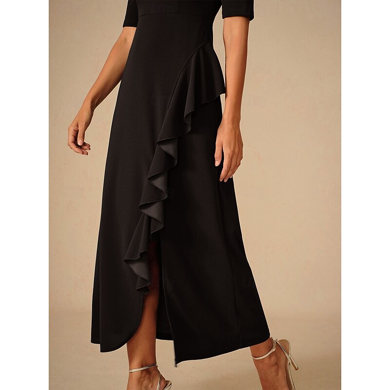 Women's Maxi Dress Ruffle Dress Elegant Regular Fit Solid Color Short Sleeve Crew Neck Black Summer Spring Fall2