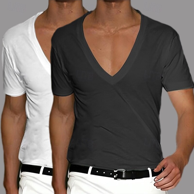 2Pcs Men's T Shirt Tee Top Short Sleeve Short Sleeves V Neck Summer Spring Plain Designer Basic Modern Contemporary Classic Style Basic Vacation Street Casual Black White Tee2
