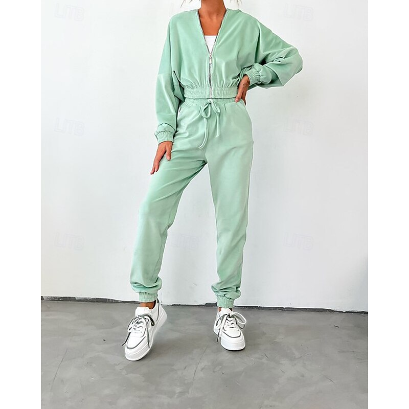 Women's Tracksuit Sweatpants Hooded Jacket Zipper Pocket Solid Colored Clothing Suit Fall Blue Fuchsia Workout Athleisure Running Thermal Warm Windproof Long Sleeve Sport Activewear Stretchy Regular2