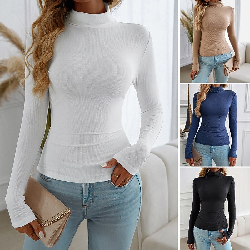 Women's Blouse Solid Color Modern Long Sleeve Turtleneck Regular Tops Daily Holiday Going out Black White Navy Blue Khaki Fall