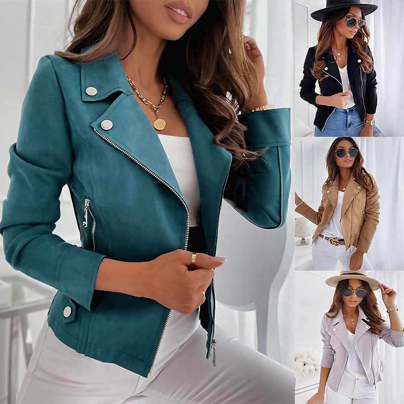 Women's Faux Leather Jacket Comfortable Breathable Zipper Casual Plain Vacation Street Casual Daily Wear Zipper Short Lapel Slim Long Sleeve Outerwear Black Navy Blue Khaki Spring Fall