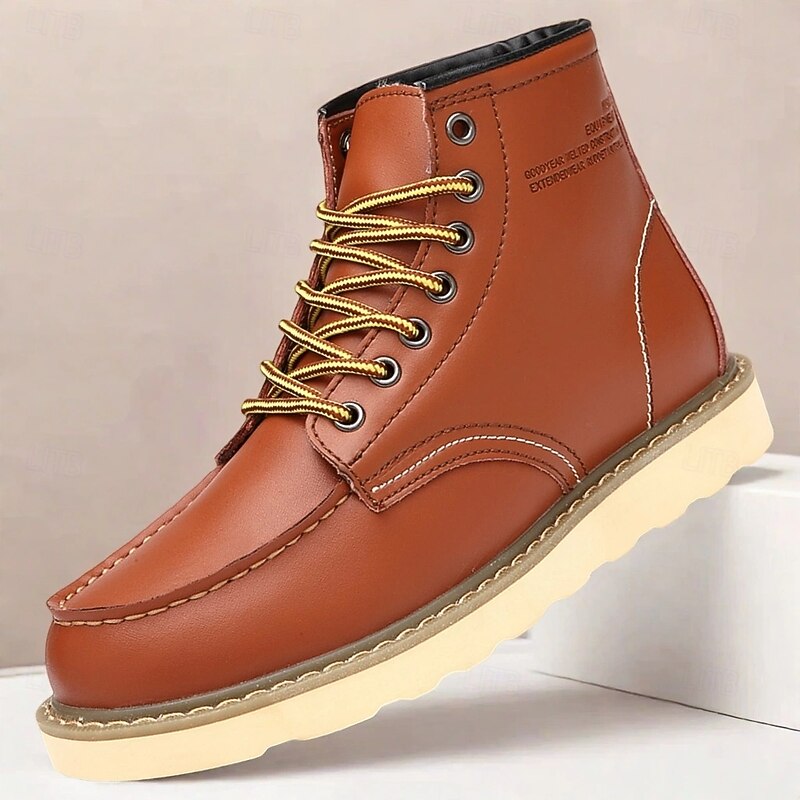 Men's Brown Lace-up Work Boots with Contrast Stitching and Cushioned Sole, Classic Casual Style for Outdoor Work, Hiking and Daily Wear