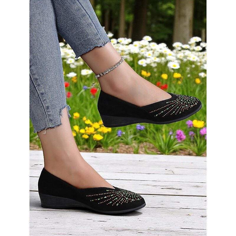 Women's Rhinestone Wedge Flats – Sparkly Comfort Shoes for Oktoberfest, Beer Garden Parties, and Festive Outdoor Events4