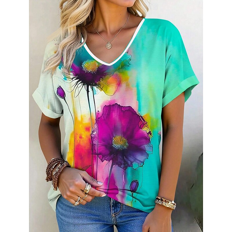 Women's T Shirt Floral Graphic Vintage Stylish Modern Short Sleeve V Neck Regular Tops Daily Print Pink Fuchsia Green Summer Spring4