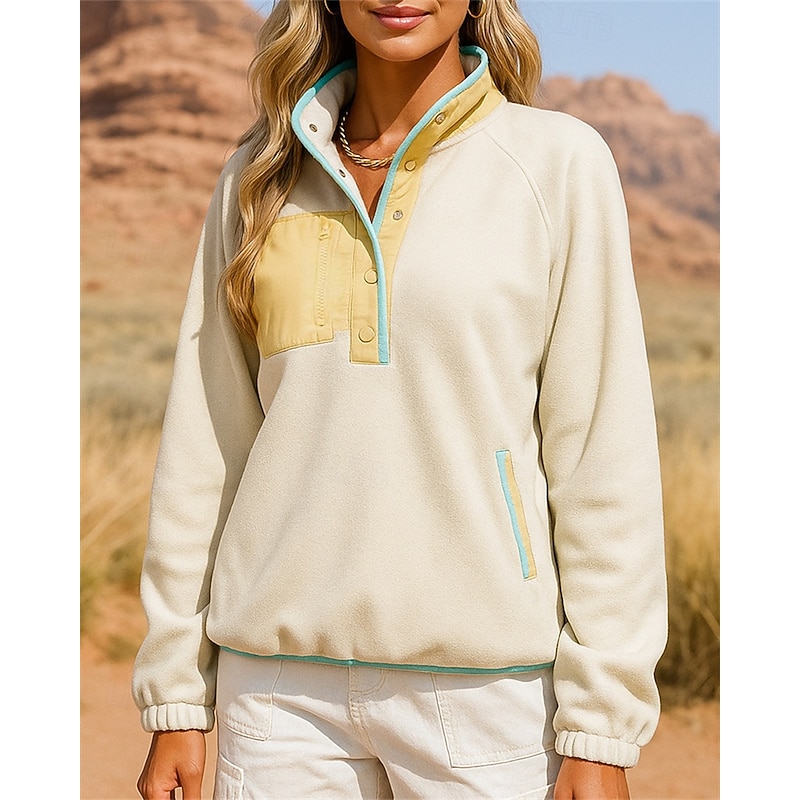 Women's Fleece Sweatshirt Hiking Sweatshirt Hiking Fleece Sweatshirt Long Sleeve Stand Collar Top Outdoor Thermal Warm Lightweight Breathable Winter Polyester Patchwork Black White Pink Tennis Golf