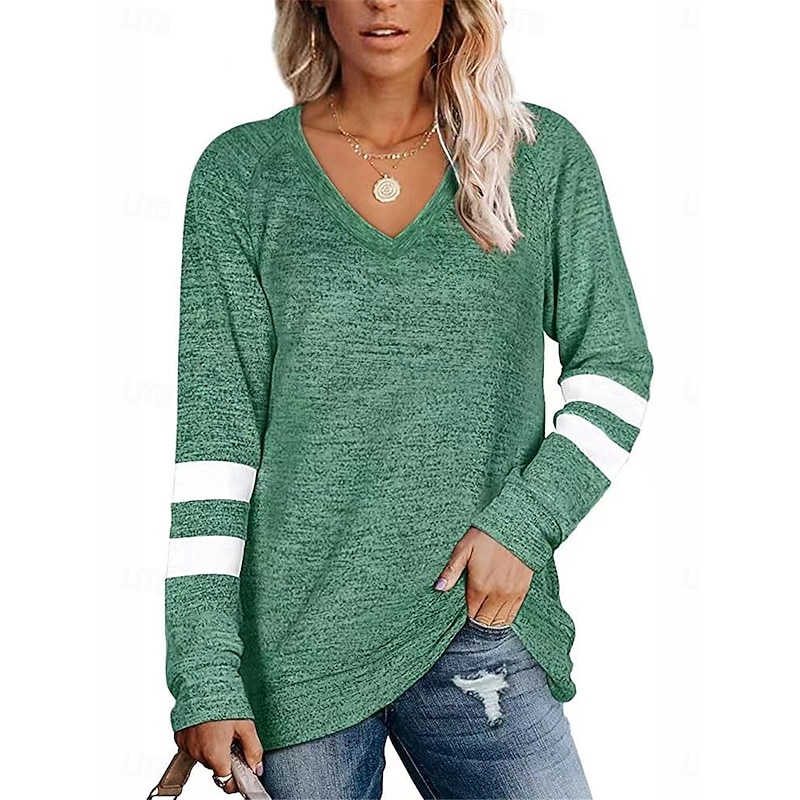 Women's T Shirt Striped Fashion Stylish Modern Long Sleeve V Neck Regular Tops Daily Weekend Print Black Blue Green Khaki Summer