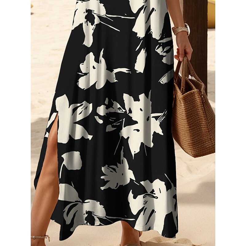 Women's Maxi Dress Casual Dress Sundress A Line Dress Vacation Casual Beach Regular Fit Floral Graphic Short Sleeve V Neck Black White Red Blue Summer Spring3